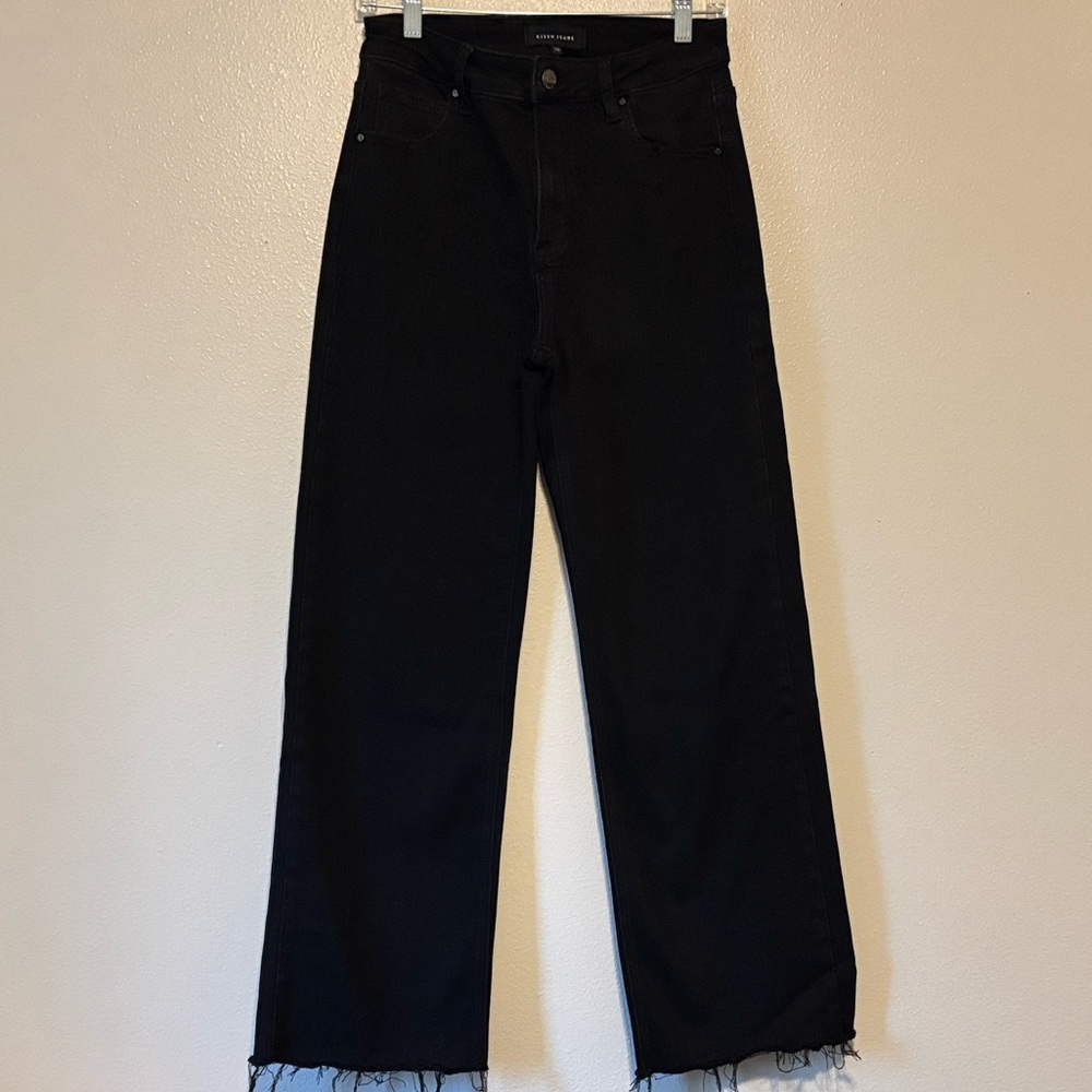 Risen Black Frayed Hem Wide Leg Jeans